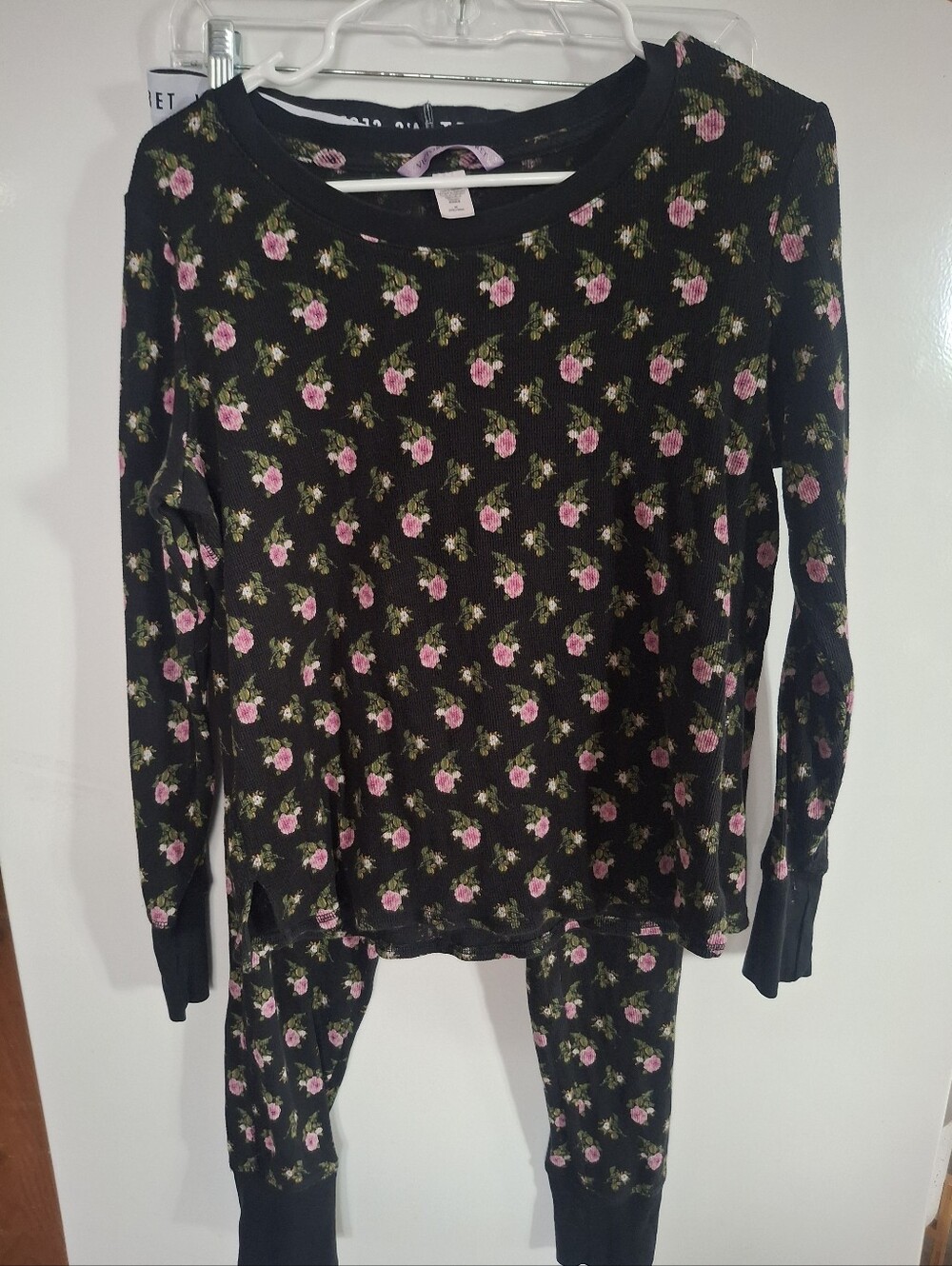 Victoria's Secret Black Long-Sleeve Top with Pink Rose Print PJ Set